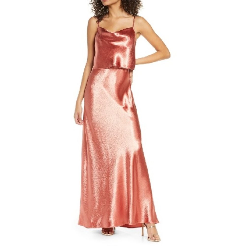 WAYF The Narcissa Popover Cowl Neck Satin Gown In Persimmon